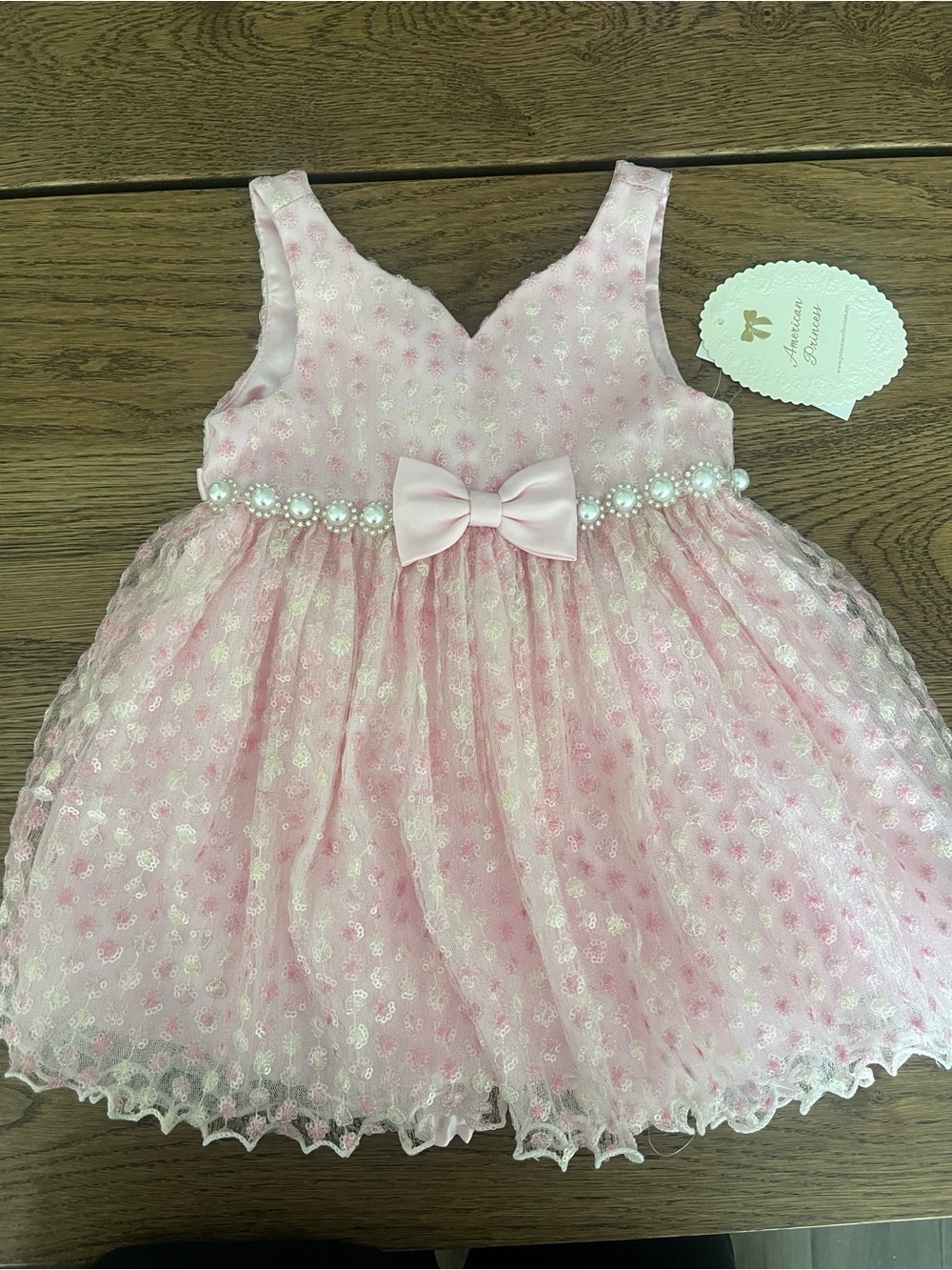 American Princess Pink Pearl Bow Tulle Baby Dress